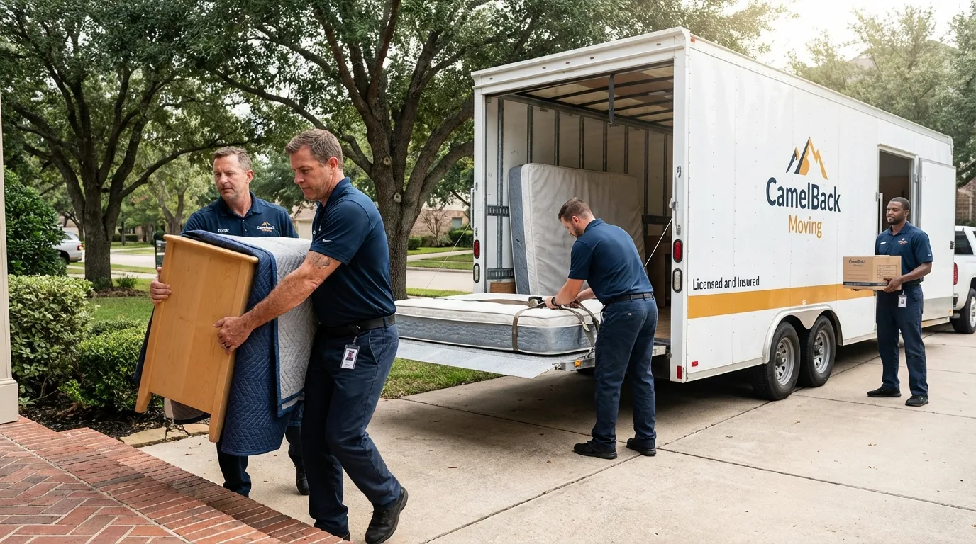 Crew loading residential truck for cross-state move from Oracle, AZ
