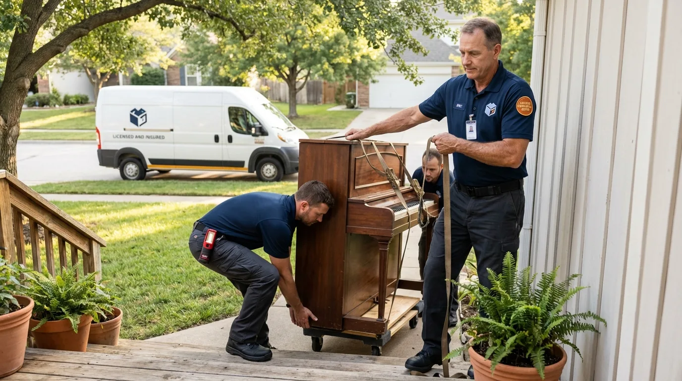 Licensed piano movers securing grand piano in Oracle, AZ